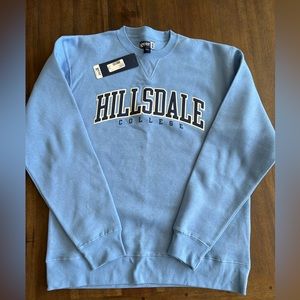 NWT Hillsdale College Sweatshirt Light Blue with Navy Tackle Twill Unisex Sz L